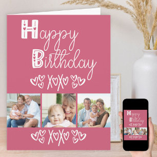 Cute Doodle Typography Pink 3 Photo Birthday Card