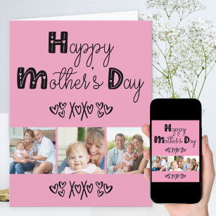 Cute Doodle Typography Pink 3 Photo Mother's Day Card