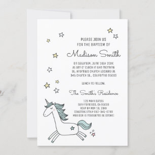 Cute Doodle Unicorn and Stars Baptism Invitation