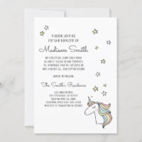 Cute Doodle Unicorn and Stars Baptism Invitation