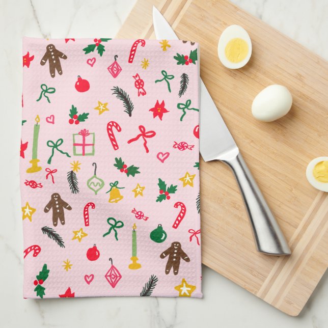 Cute Doodle Whimsical Christmas Holiday Hand-drawn Tea Towel (Quarter Fold)