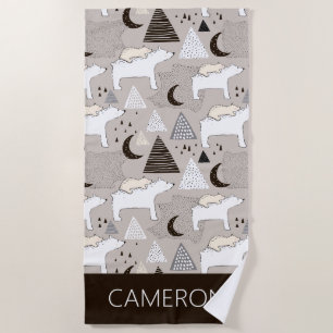 Cute Doodle Woodland Bear Pattern Beach Towel