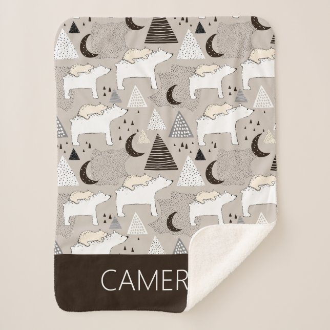 Cute Doodle Woodland Bear Pattern Sherpa Blanket (Front)