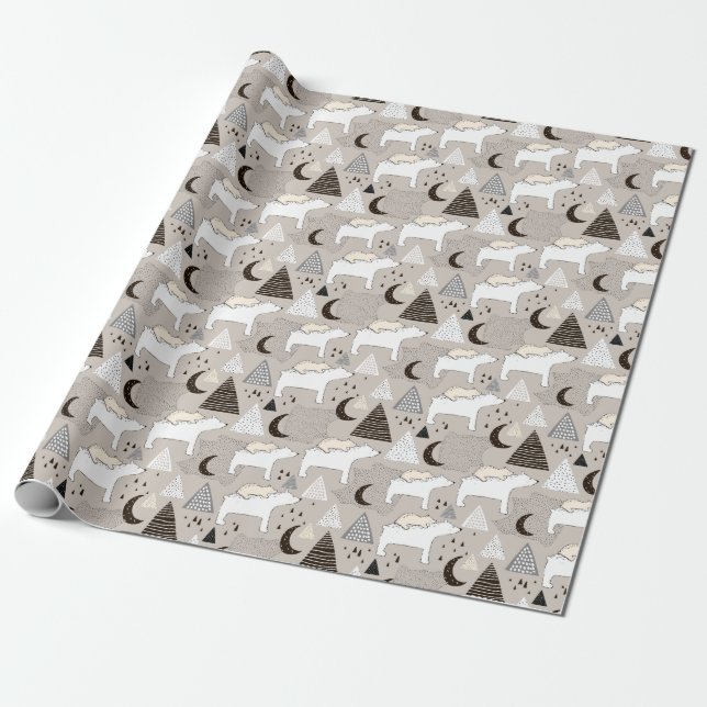 Cute Doodle Woodland Bear Pattern Wrapping Paper (Unrolled)