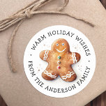 Cute dopey gingerbread man warm winter wishes classic round sticker<br><div class="desc">Winter holiday gift tags or envelope seals featuring a watercolor illustration of a gingerbread man and Customisable text "warm holiday wishes".</div>