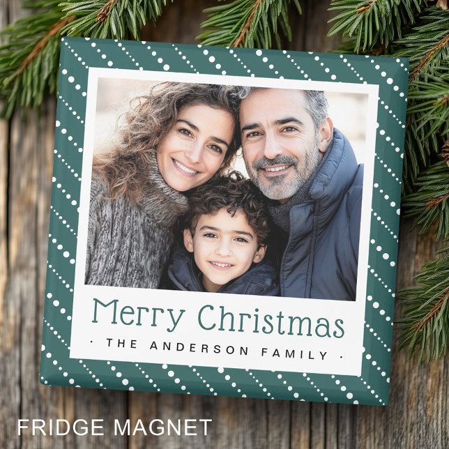 Cute dot stripes merry Christmas pine green photo Magnet (Cute dot stripes merry Christmas pine green photo Magnet)