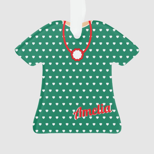 Cute Dotted Red Green Christmas Doll Dress TShirt Ornament (Front)