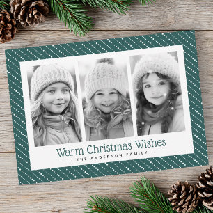 Cute dotted stripes merry Christmas 3 photos green Holiday Card