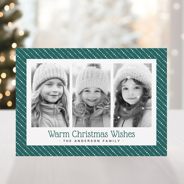 Cute dotted stripes merry Christmas 3 photos green Holiday Card (Cute dotted stripes merry Christmas 3 photos green Holiday Card)