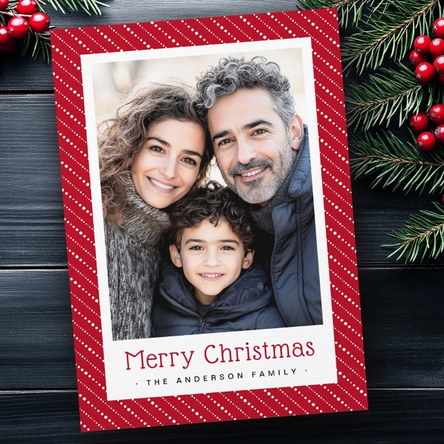Cute dotted stripes merry Christmas photo red Holiday Card (Cute dotted stripes merry Christmas photo red Holiday Card)