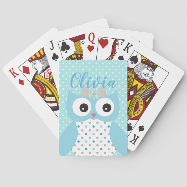 Cute Dotty Blue Owl Art Personalised Girls Playing Cards (Back)