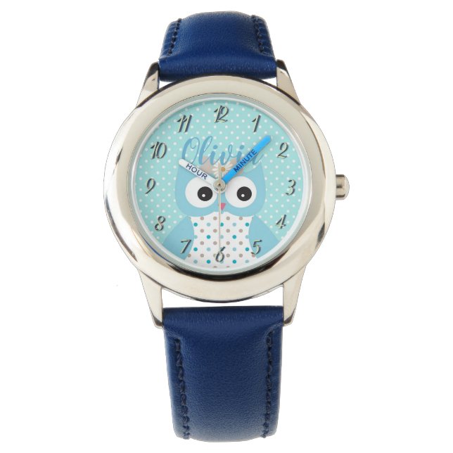 Cute Dotty Blue Owl Art Personalised Girls Watch (Front)