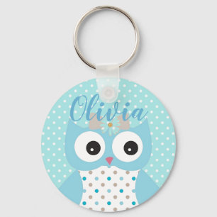 Cute Dotty Blue Owl Art Personalised Key Ring