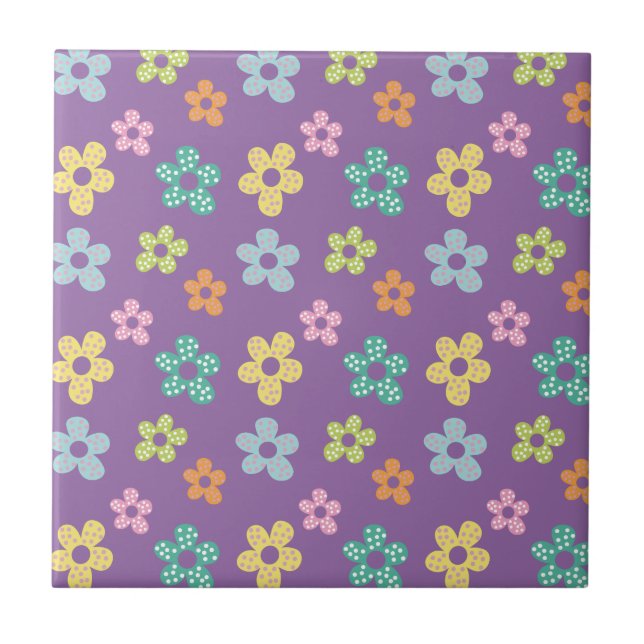 Cute Dotty Flower Pattern Purple Ceramic Tile (Front)