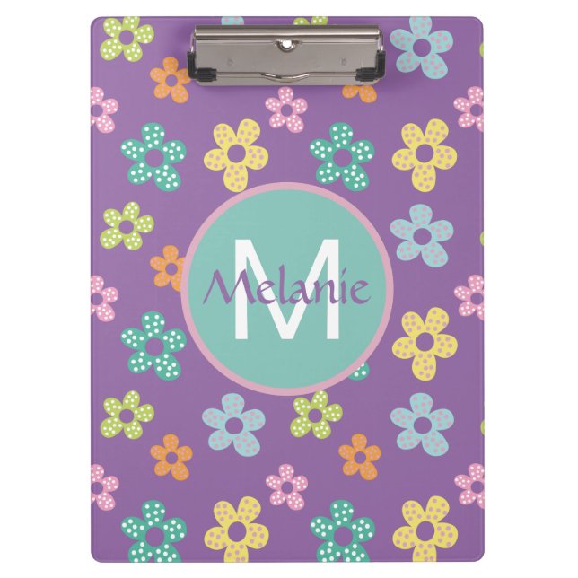 Cute Dotty Flower Pattern Purple Personalised Clipboard (Front)