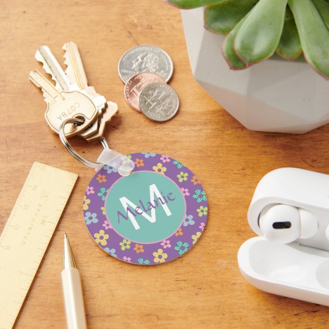Cute Dotty Flower Pattern Purple Personalised Key Ring (Desk)