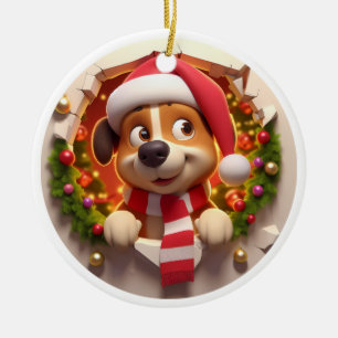 Cute Double Sided Dog Busting Through Ceramic Ornament