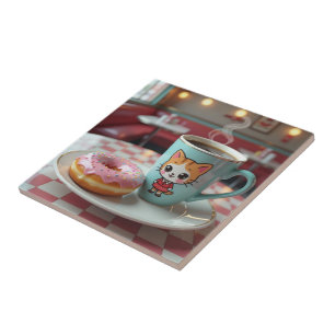 Cute Doughnut and Coffee at Retro Diner Ceramic Tile