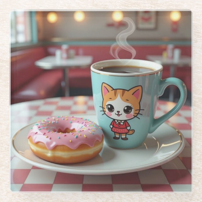 Cute Doughnut and Coffee at Retro Diner Glass Coaster (Front)