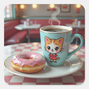 Cute Doughnut and Coffee at Retro Diner Square Sticker