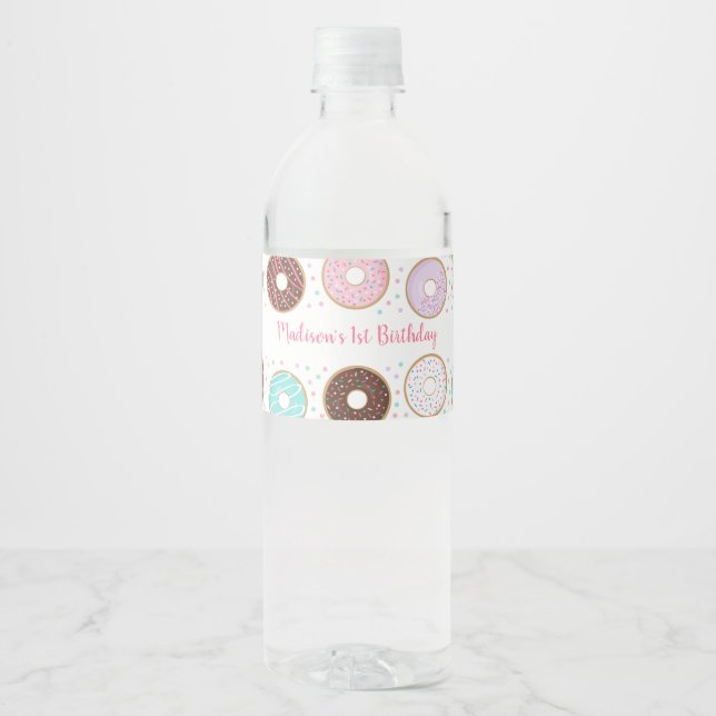 Cute Doughnut Birthday Water Bottle Label (Front)