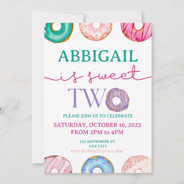 Cute Doughnut Party Sweet two 2nd birthday Invitation (Front)