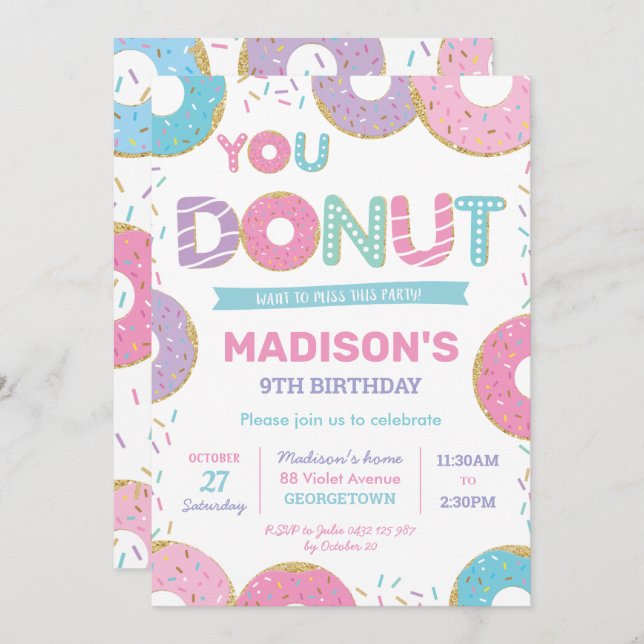 Cute Doughnuts and Sprinkles Birthday Party Invitation (Front/Back)