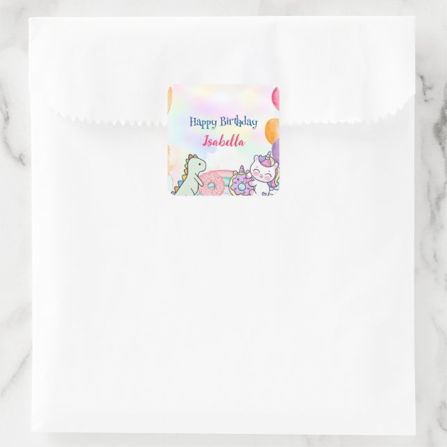 Cute Doughnuts Dino Unicorn Birthday Rainbow Party Square Sticker (Bag)