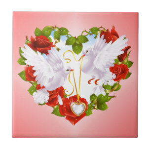 Cute Doves, Red Roses, Heart, Tile