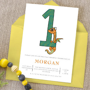 Cute Dragon 1st Birthday Party Invitation
