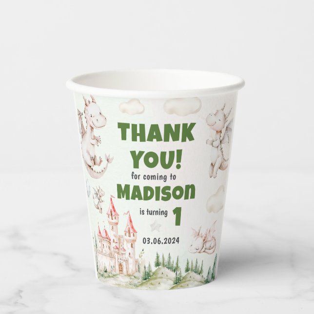 Cute Dragon 1st Birthday Party Paper Cups (Front)