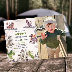 Cute Dragon 1st Birthday Party Photo  Invitation