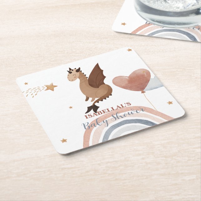 Cute dragon African american boys baby shower Square Paper Coaster (Angled)