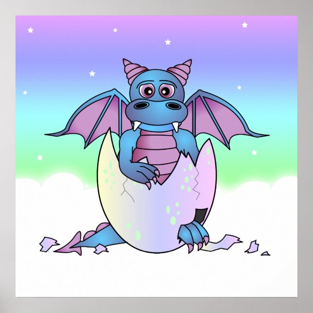 Cute Dragon Baby in Cracked Egg - Blue / Purple Poster (Front)