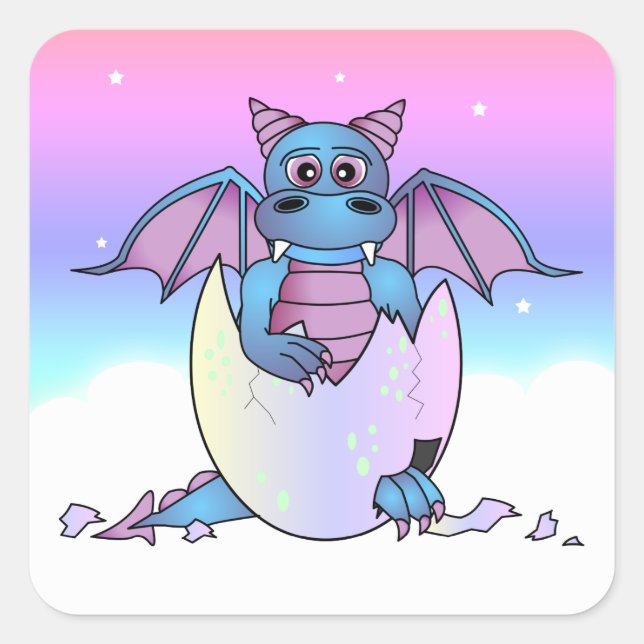 Cute Dragon Baby in Cracked Egg - Blue / Purple Square Sticker (Front)