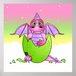 Cute Dragon Baby in Cracked Egg - Pink / Purple Poster