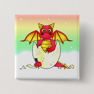 Cute Dragon Baby in Cracked Egg - Red / Yellow 15 Cm Square Badge