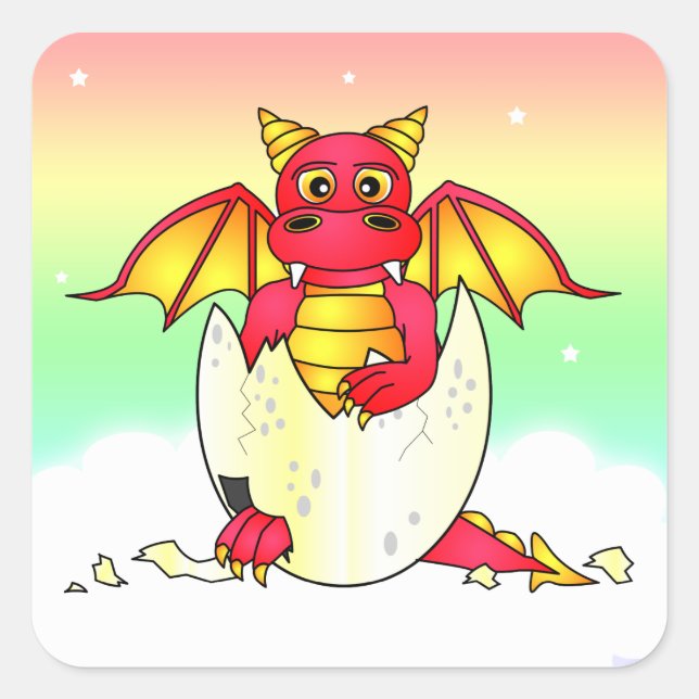 Cute Dragon Baby in Cracked Egg - Red / Yellow Square Sticker (Front)