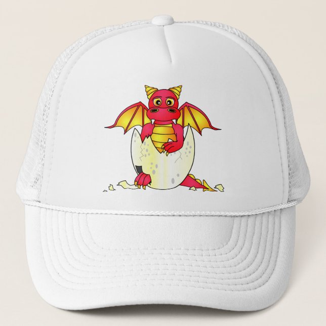 Cute Dragon Baby in Cracked Egg - Red / Yellow Trucker Hat (Front)