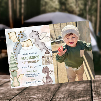 Cute Dragon Boy 1st Birthday Party Photo Invitation