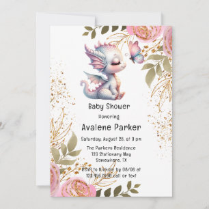 Cute Dragon & Butterfly Girl Baby Shower  Invitation