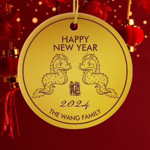 Cute Dragon Chinese New Year 2024 Gold Ceramic Ornament