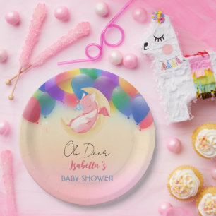 Cute dragon dinosaur rainbow Balloon baby shower Paper Plate