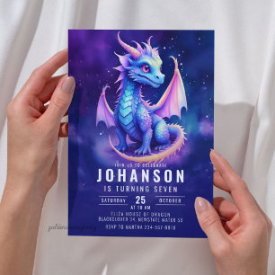 Cute Dragon Fantasy Dark Blue Birthday Party Invitation