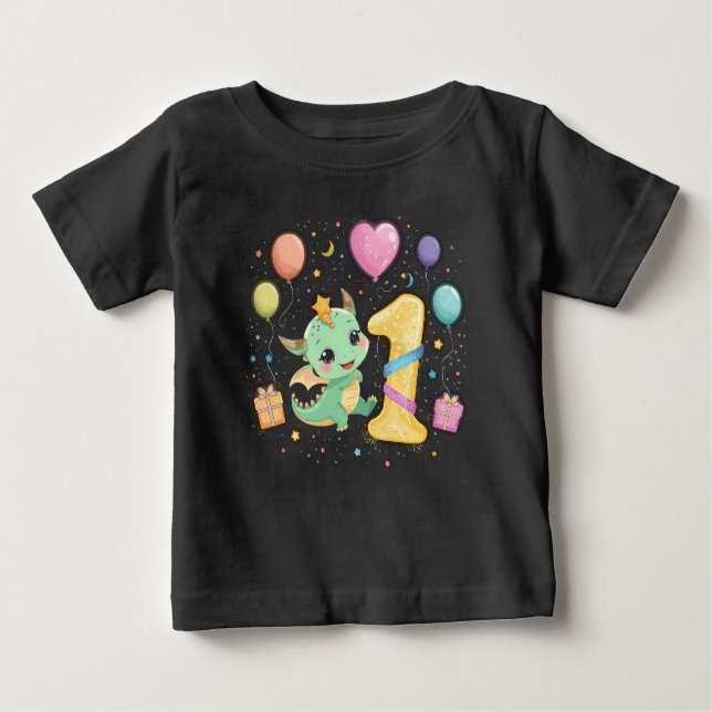 Cute Dragon First Birthday Celebration Boy Theme Baby T-Shirt (Front)