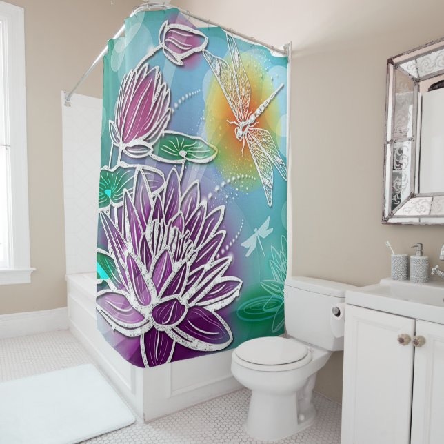 Cute Dragon Fly Pretty Summer Colours Modern Flora Shower Curtain (In Situ)