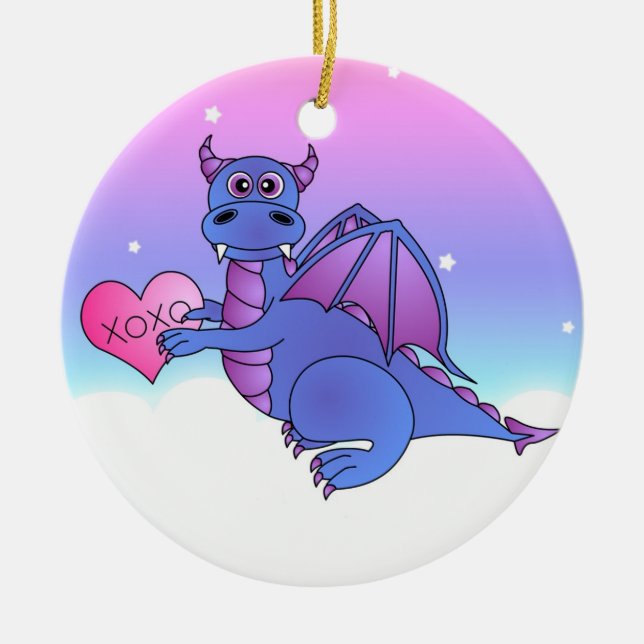 Cute Dragon Flying Loves You - Blue / Purple Ceramic Ornament (Front)