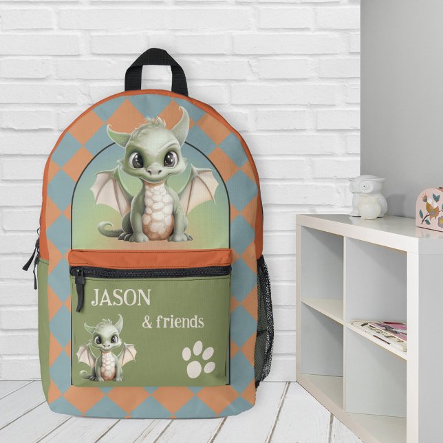 Cute Dragon Friends Back To School Printed Backpack (Backpack featuring a cute dragon on a checkered design in terra cotta, dusty blue and green)