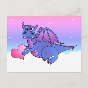 Cute Dragon Heart Postcard Blue - Pink -Purple