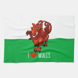 Cute Dragon I Love Wales Welsh Dragon Cartoon Tea Towel